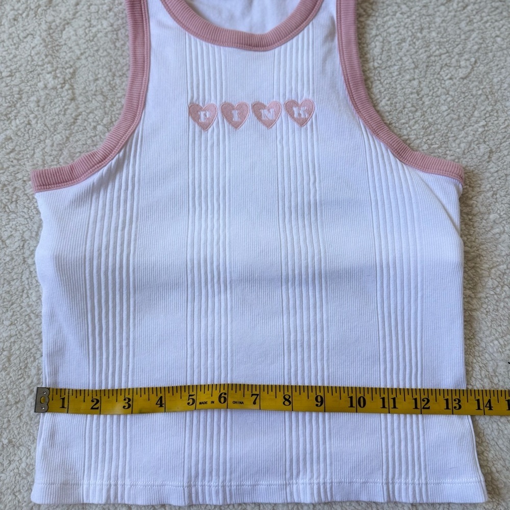 Victoria’s Secret PINK White Ribbed Tank Top with Pink Trim and Heart Embroidery - Picture 4 of 6